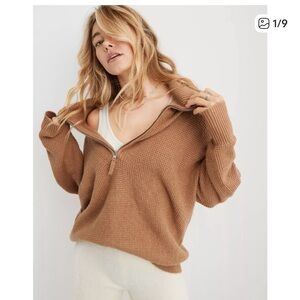 Aerie Waffle Knit Quarter Zip Sweater in Brown